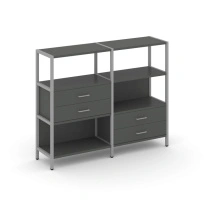 Двухсекционный стеллаж трехъярусный с ящиками Shelf System SN.STM-323 Тиквуд Светлый/Металл Серый 1590×810×1246