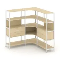 Трехсекционный угловой стеллаж четырехъярусный с ящиками Shelf System SN.STMU-431 Тиквуд Светлый/Металл Белый 1590×810×1613