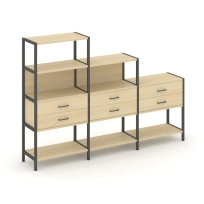 Трехсекционный стеллаж четырех/трех/двухярусный с ящиками Shelf System SN.STM-431 Тиквуд Светлый/Металл Антрацит 2730×810×1613