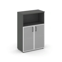 Шкаф для документов средний широкий со стеклянными дверьми Style Project SN.STS.E-203 Белый – Тиквуд Светлый – Сатин – Черные ручки / 796×400×1203