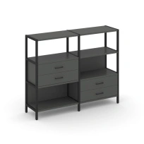 Двухсекционный стеллаж трехъярусный с ящиками Shelf System SN.STM-323 Тиквуд Светлый/Металл Черный 1590×810×1246
