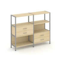 Двухсекционный стеллаж трехъярусный с ящиками Shelf System SN.STM-323 Тиквуд Светлый/Металл Серый 1590×810×1246