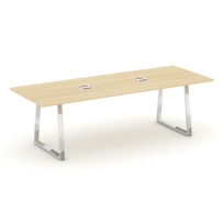 Стол для переговоров с лючком на металлокаркасе в форме трапеции Style Project Direct Lux M-SN-6T1.SPRG-258 Тиквуд Светлый/Нержавеющая Сталь/Хром 2580×980×750