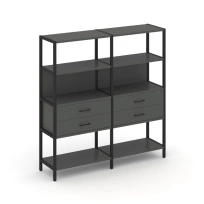 Двухсекционный стеллаж четырехъярусный с ящиками Shelf System SN.STM-422 Тиквуд Светлый/Металл Черный 1590×400×1613