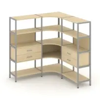 Трехсекционный угловой стеллаж четырехъярусный с ящиками Shelf System SN.STMU-431 Тиквуд Светлый/Металл Серый 1590×810×1613
