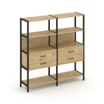 Двухсекционный стеллаж четырехъярусный с ящиками Shelf System SN.STM-422 Тиквуд Светлый/Металл Черный 1590×400×1613