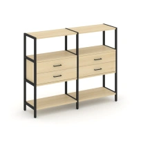 Двухсекционный стеллаж трехъярусный с ящиками Shelf System SN.STM-322 Тиквуд Светлый/Металл Черный 1590×400×1246