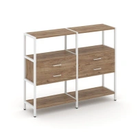 Двухсекционный стеллаж трехъярусный с ящиками Shelf System SN.STM-322 Тиквуд Светлый/Металл Белый 1590×400×1246