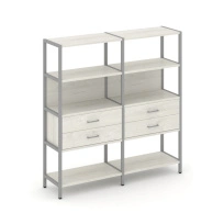 Двухсекционный стеллаж четырехъярусный с ящиками Shelf System SN.STM-422 Тиквуд Светлый/Металл Серый 1590×400×1613