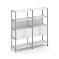 Двухсекционный стеллаж четырехъярусный с ящиками Shelf System SN.STM-422 Тиквуд Светлый/Металл Серый 1590×400×1613