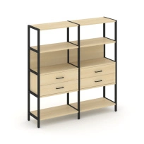 Двухсекционный стеллаж четырехъярусный с ящиками Shelf System SN.STM-422 Тиквуд Светлый/Металл Черный 1590×400×1613