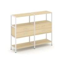 Двухсекционный стеллаж трехъярусный с ящиками Shelf System SN.STM-322 Тиквуд Светлый/Металл Белый 1590×400×1246
