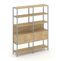 Двухсекционный стеллаж пятиярусный с ящиками Shelf System SN.STM-522 Дуб Табак/Антрацит/Металл Серый 1590×400×1980