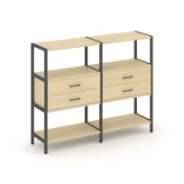 Двухсекционный стеллаж трехъярусный с ящиками Shelf System SN.STM-322 Тиквуд Светлый/Металл Антрацит 1590×400×1246