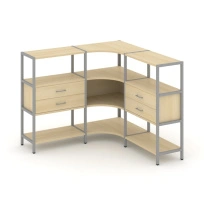Трехсекционный угловой стеллаж трехъярусный с ящиками Shelf System SN.STMU-331 Тиквуд Светлый/Металл Серый 1590×810×1246