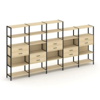Пятисекционный стеллаж пятиярусный с ящиками Shelf System SN.STM-551 Тиквуд Светлый/Металл Черный 3930×810×1980