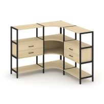 Трехсекционный угловой стеллаж трехъярусный с ящиками Shelf System SN.STMU-331 Тиквуд Светлый/Металл Черный 1590×810×1246