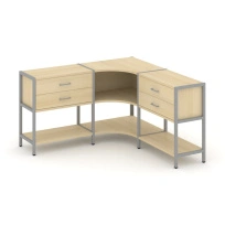 Трехсекционный угловой стеллаж двухярусный с ящиками Shelf System SN.STMU-231 Тиквуд Светлый/Металл Серый 1590×810×879