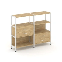 Двухсекционный стеллаж трехъярусный с ящиками Shelf System SN.STM-323 Тиквуд Светлый/Металл Белый 1590×810×1246