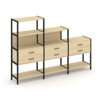 Трехсекционный стеллаж четырех/трех/двухярусный с ящиками Shelf System SN.STM-431 Тиквуд Светлый/Металл Черный 2730×810×1613