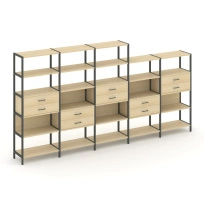 Пятисекционный стеллаж пятиярусный с ящиками Shelf System SN.STM-551 Тиквуд Светлый/Металл Антрацит 3930×810×1980