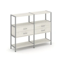Двухсекционный стеллаж трехъярусный с ящиками Shelf System SN.STM-322 Тиквуд Светлый/Металл Серый 1590×400×1246