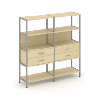 Двухсекционный стеллаж четырехъярусный с ящиками Shelf System SN.STM-422 Тиквуд Светлый/Металл Серый 1590×400×1613