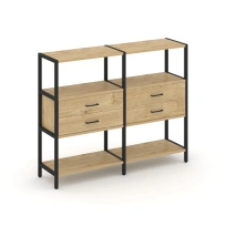 Двухсекционный стеллаж трехъярусный с ящиками Shelf System SN.STM-322 Тиквуд Светлый/Металл Черный 1590×400×1246