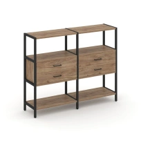 Двухсекционный стеллаж трехъярусный с ящиками Shelf System SN.STM-322 Тиквуд Светлый/Металл Черный 1590×400×1246