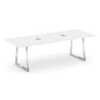 Стол для переговоров с лючком на металлокаркасе в форме трапеции Style Project Direct Lux M-SN-6T1.SPRG-258 Тиквуд Светлый/Нержавеющая Сталь/Хром 2580×980×750