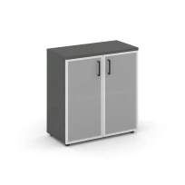 Шкаф для документов низкий широкий со стеклянными дверьми Style Project SN.STS.E-303 / Белый – Тиквуд Светлый – Сатин – Черные ручки / 796×400×833