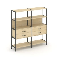 Двухсекционный стеллаж четырехъярусный с ящиками Shelf System SN.STM-422 Тиквуд Светлый/Металл Антрацит 1590×400×1613